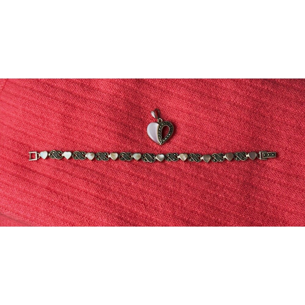 Vintage 925 Sterling Silver Marcasite Pink Mother Pearl Heart Bracelet n Pendant